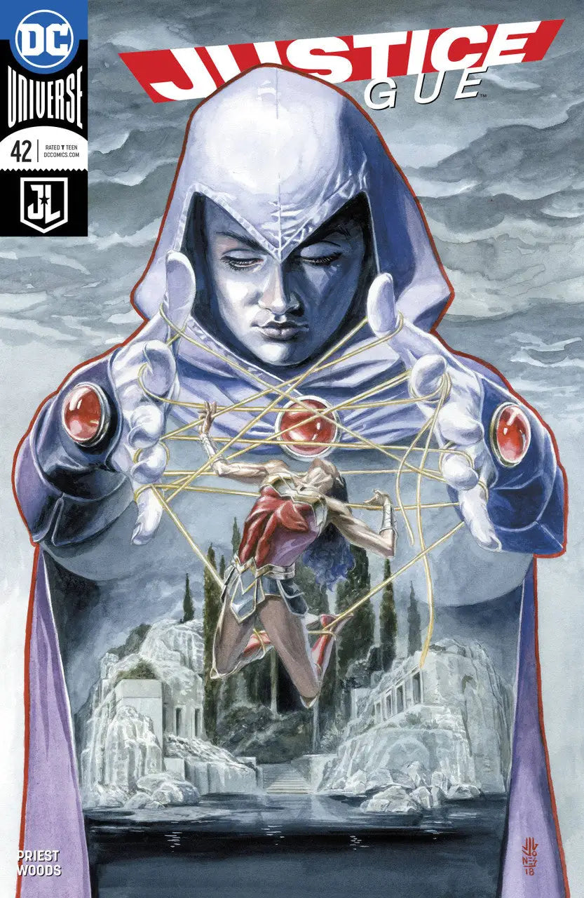Comic book cover of Justice League #42 featuring a hooded figure with glowing eyes