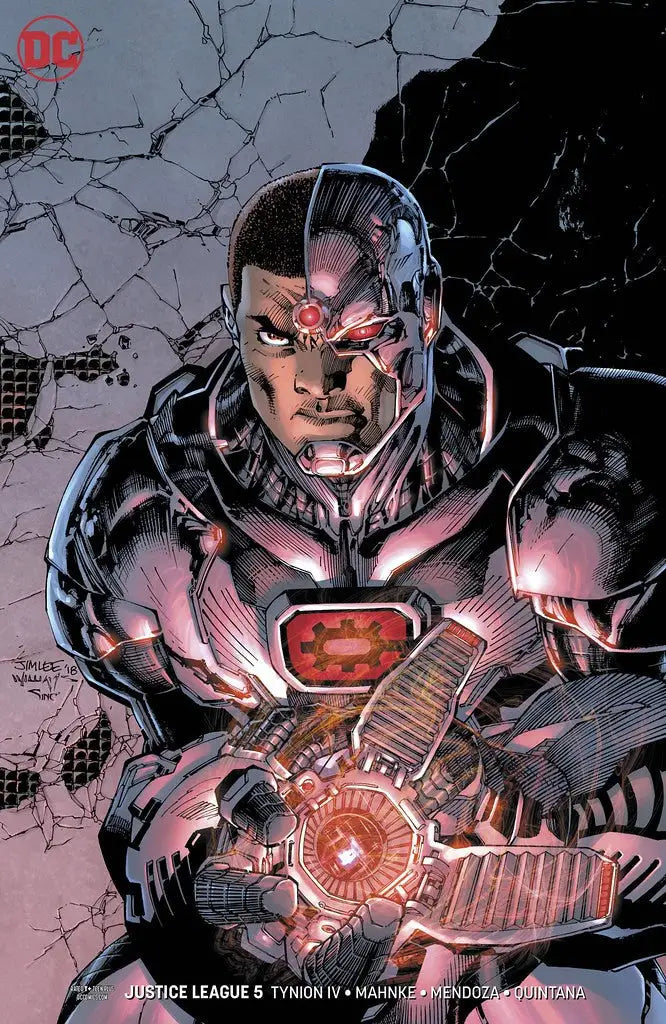 Cyborg superhero with red cybernetics featured in Justice League trading cards artwork