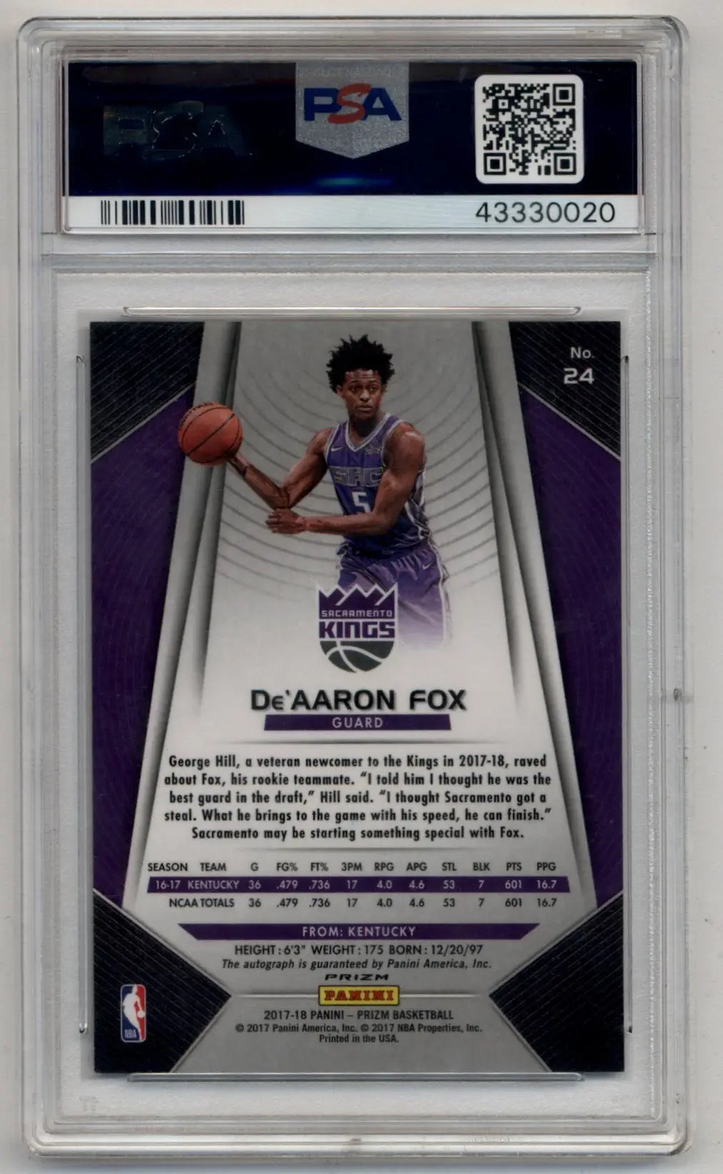 Graded De’Aaron Fox 2017-18 Prizm Auto basketball trading card PSA 9 Mint