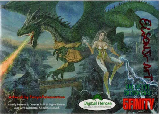 Fantasy sketch card art featuring a dragon and a lightning-wielding woman by Elson Jr