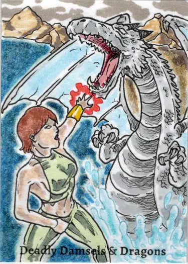 Fierce dragon roaring at woman in green dress from Limuel Pinzon sketch card
