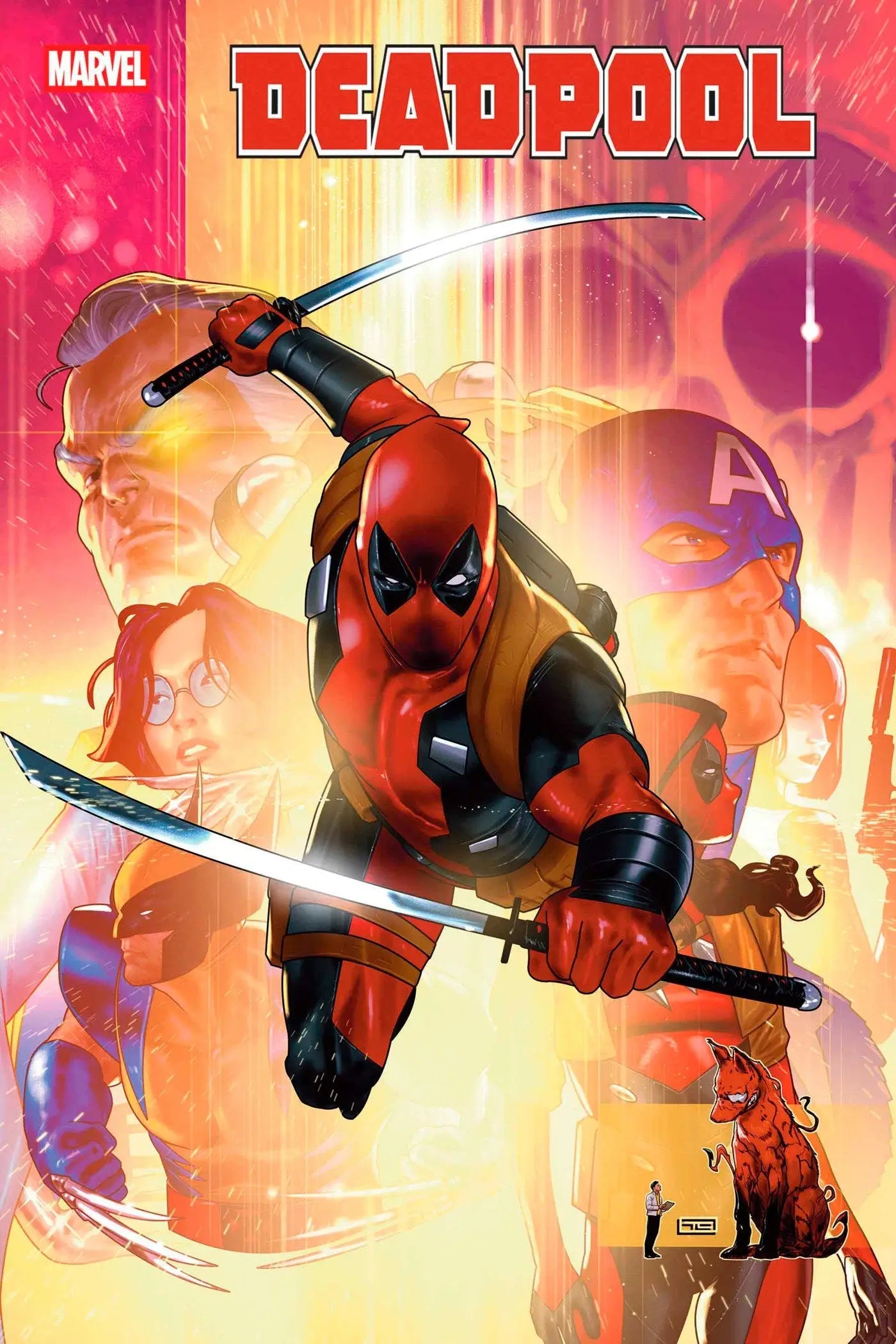 Deadpool #15 comic book cover featuring Deadpool with katanas and Marvel heroes, landmark issue