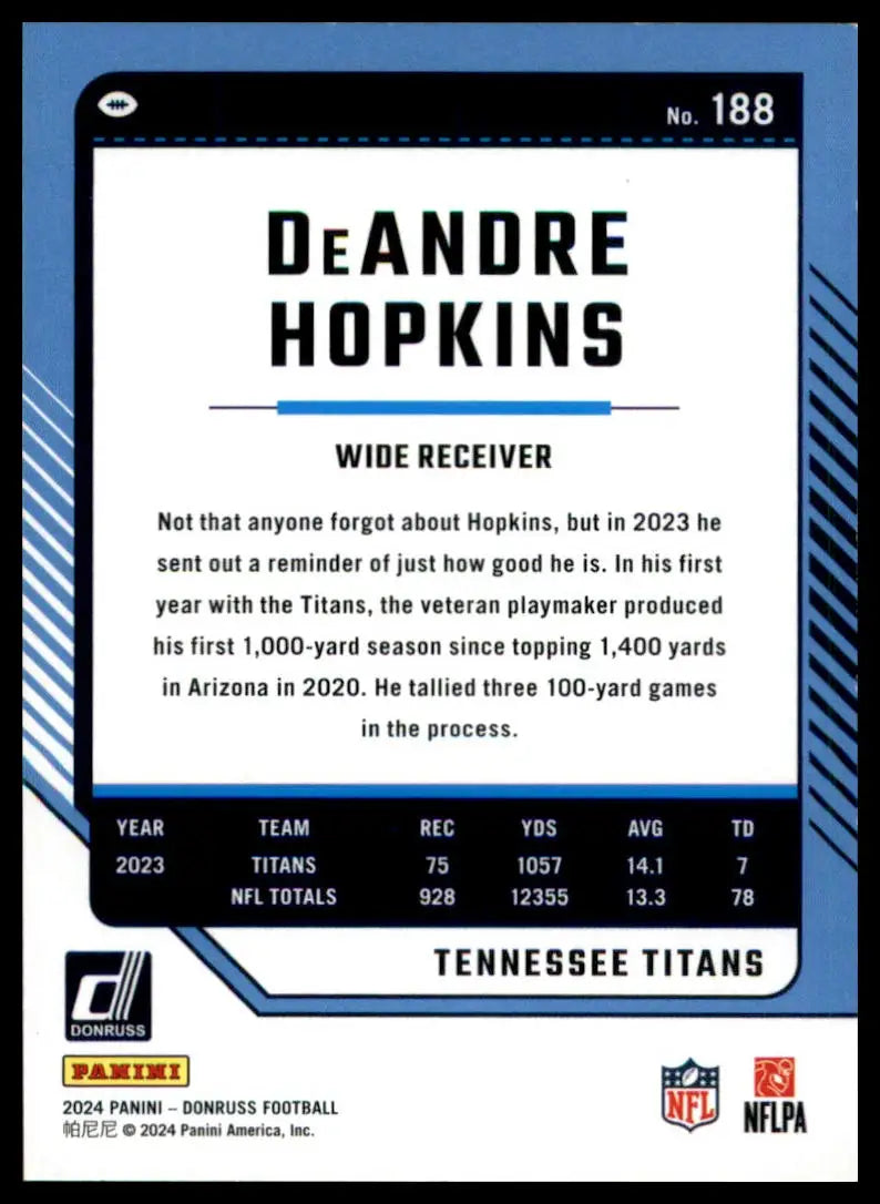 DeAndre Hopkins football card from 2024 Donruss series featuring Tennessee Titans player