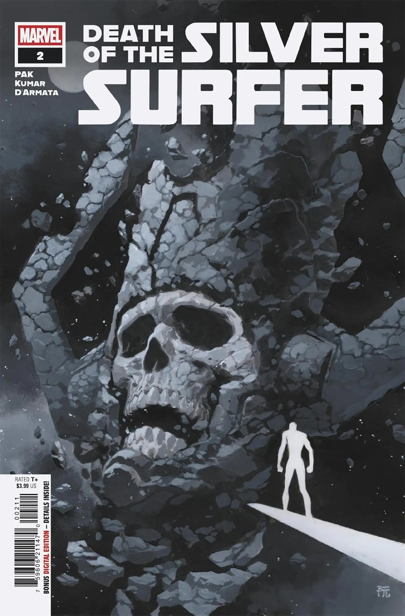 Silver Surfer comic book with grayscale cover featuring Silver Surfer on his board in front of a crumbling skull