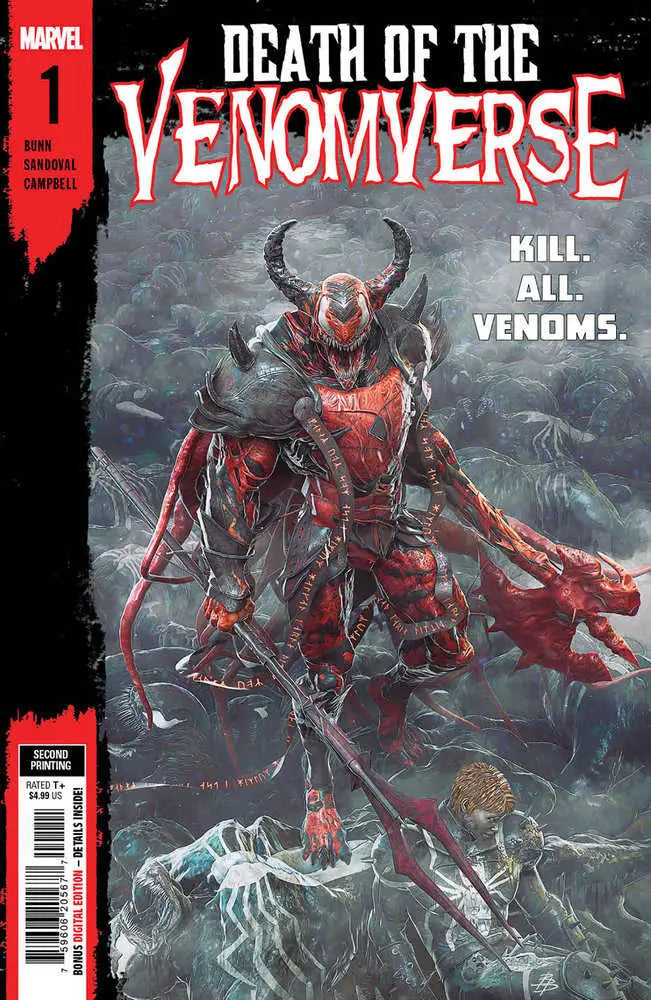 Red symbiote creature on Death Of The Venomverse 1 variant comic book cover