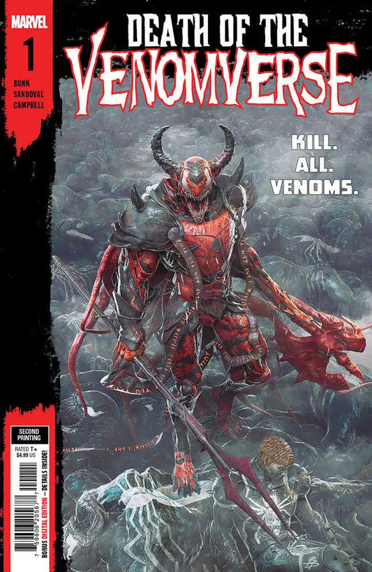 Red symbiote creature on Death Of The Venomverse 1 variant comic book cover