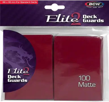 Red matte card sleeves in retail packaging for Elite Deck Guards