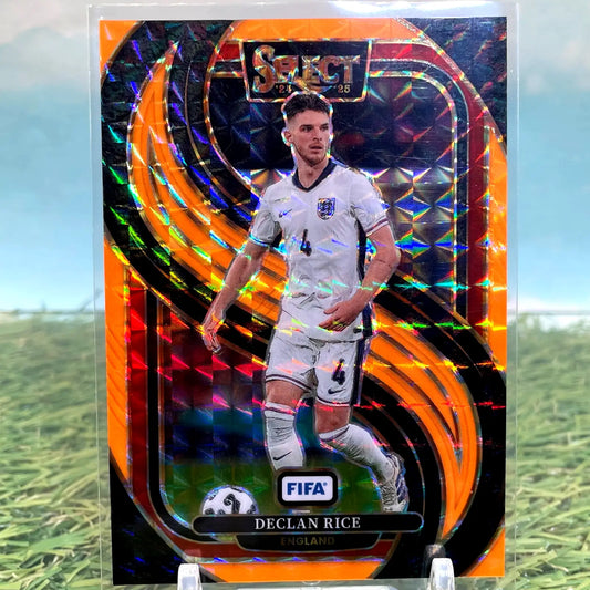 Brightly colored Declan Rice 2024-25 Select FIFA mezz orange fluorescent trading card