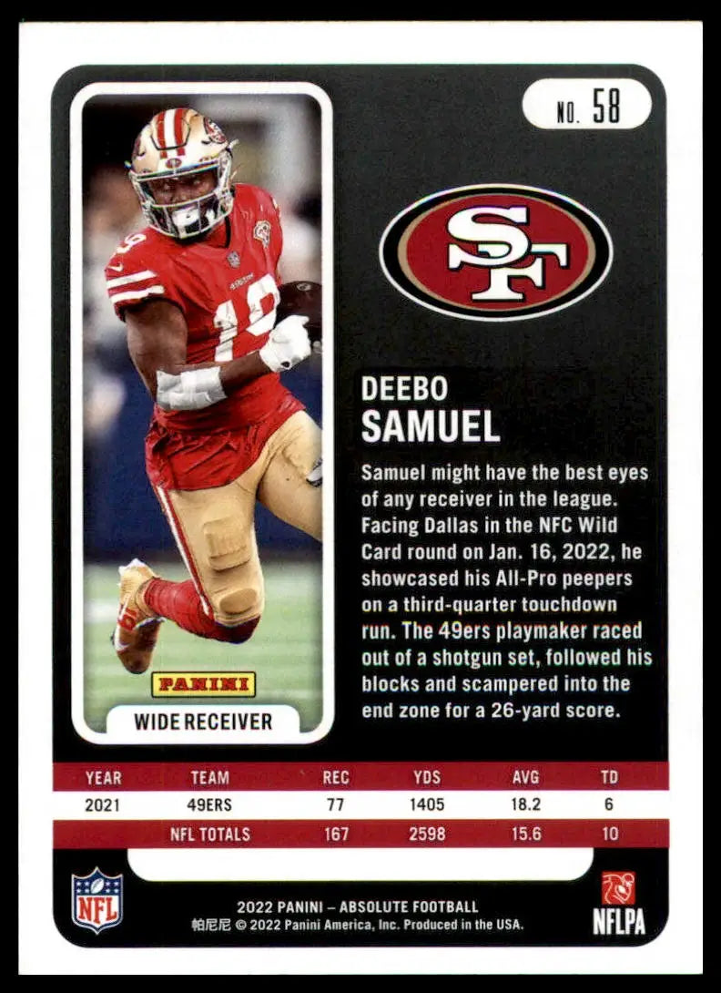 Deebo Samuel football card from Panini Absolute 2022 San Francisco 49ers product