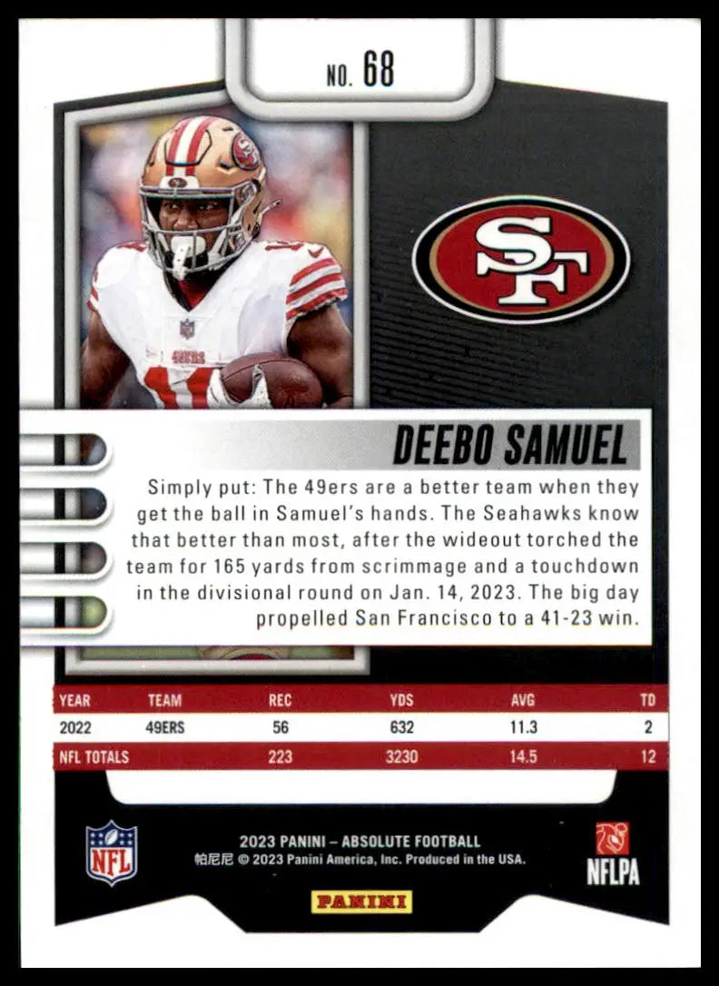Deebo Samuel football card from Panini Absolute 2023 San Francisco 49ers product