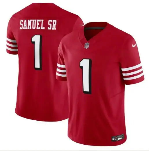 Red San Francisco 49ers Deebo Samuel Sr jersey with white number 1 and Samuel Sr on back