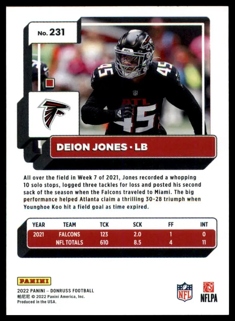 Deion Jones football card from 2022 Donruss Atlanta Falcons collection