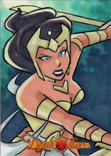 Animated female superhero with determined expression on Dejah Thoris sketch card by Paul Hill