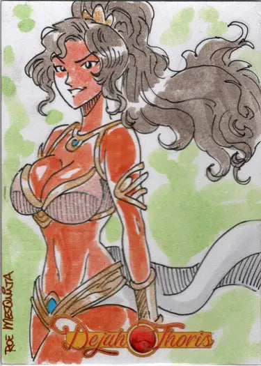 Stylized illustration of Dejah Thoris in a red bikini on a Roe Mesquita sketch card