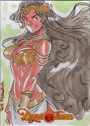 Stylized illustration of a fantasy warrior woman on Dejah Thoris sketch card by Roe Mesquita