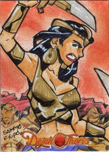 Cartoon-style warrior woman in desert attire with dual swords on Sammo Filipo sketch card