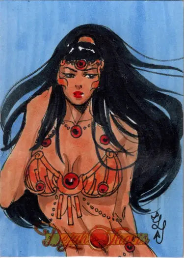 Stylized illustration of a woman in red and gold jewelry on Dejah Thoris sketch card by Tiffany Peek