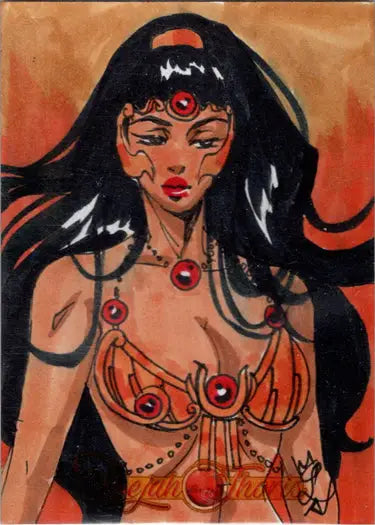 Stylized painting of a woman in orange top and ornate jewelry on Dejah Thoris sketch card
