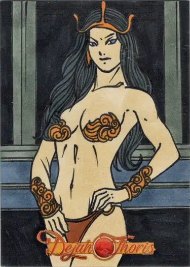 Stylized illustration of Dejah Thoris by Ulisses Gabriel on a trading card sketch card
