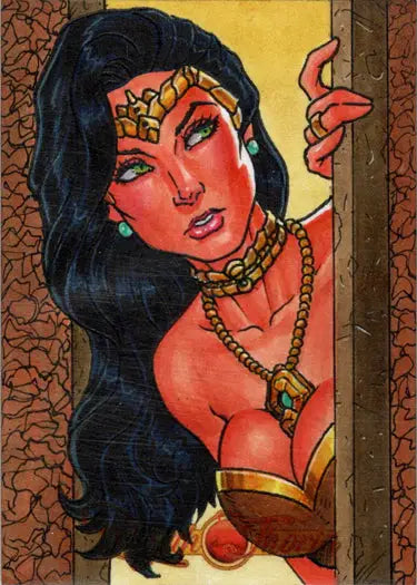Artistic illustration of Dejah Thoris in red attire, by Vicente Moavero, for trading cards