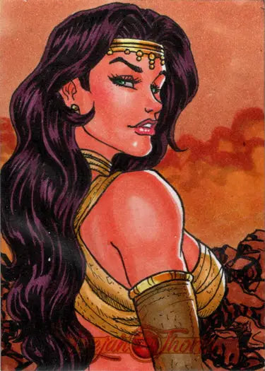 Artistic sketch card of a warrior woman in gold by Vicente Moavero for trading cards