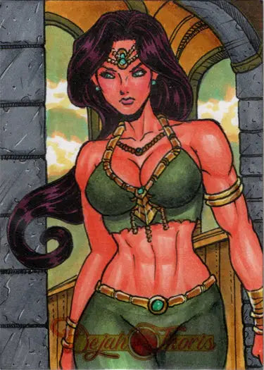 Warrior woman in green armor and jewelry on Vicente Moavero sketch card trading card
