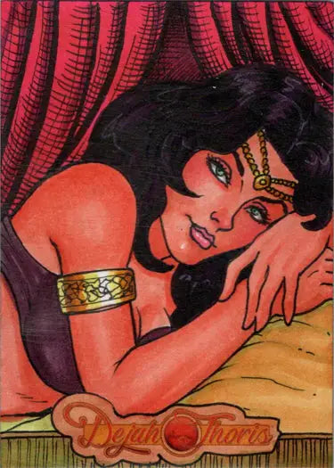 Artistic illustration of reclining figure in gold jewelry on Vicente Moavero sketch card