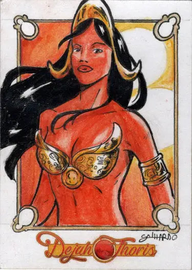 Stylized female superhero in golden armor on Vinicius Galhardo sketch card for trading cards