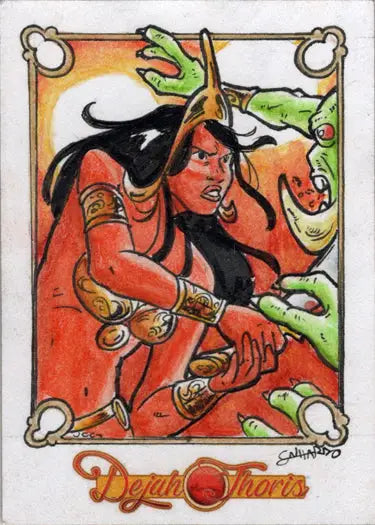 Stylized illustration of a red-skinned warrior woman on Vinicius Galhardo’s sketch card