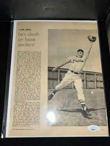 Del Ennis Signed Sport Magazine Page featuring Phillies player newspaper clipping