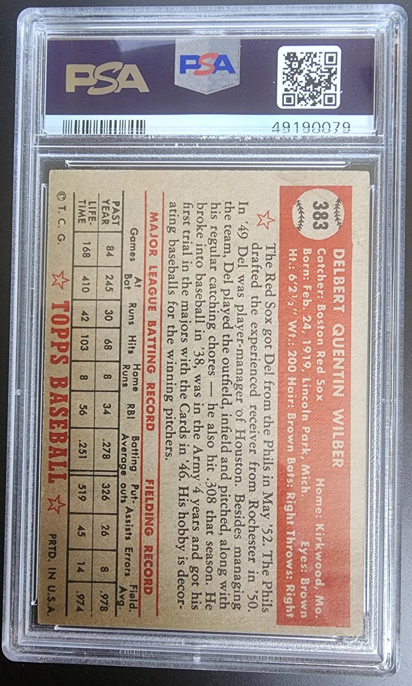 PSA-graded Del Wilber 1952 Topps #383 baseball card back with stats and text