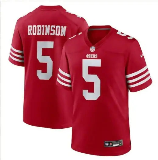 Red San Francisco 49ers football jersey with Robinson 5 name and number displayed