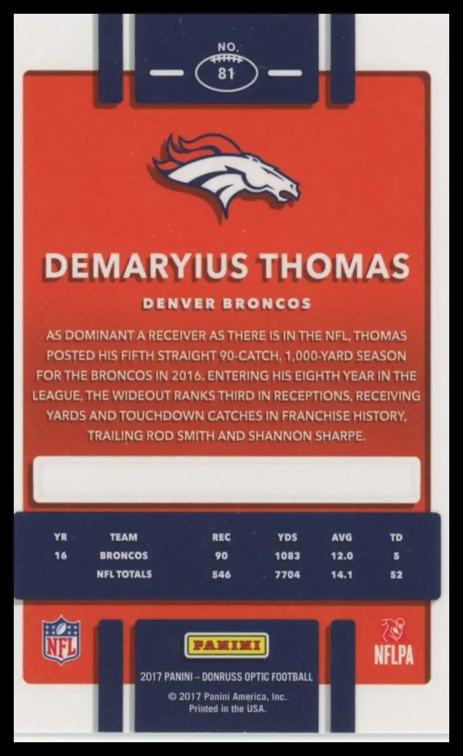Red and blue Demaryius Thomas football trading card from Donruss Optic series