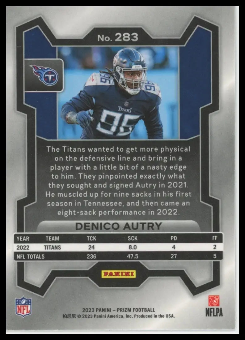 Panini Prizm football card of Denico Autry 2023 Tennessee Titans product
