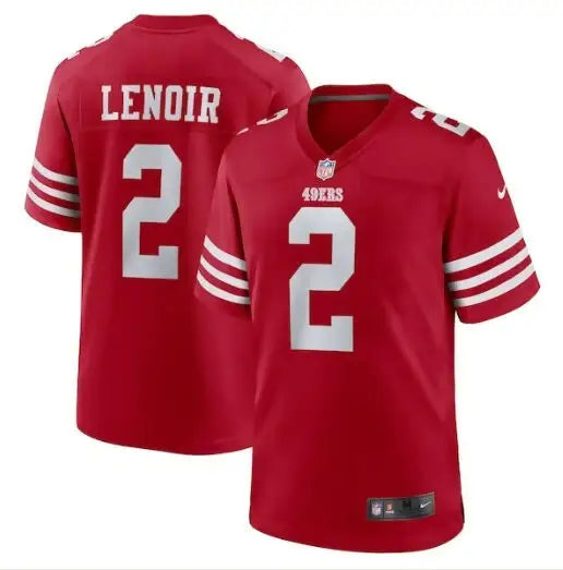 Red San Francisco 49ers Nike Game Jersey with number 2 and Lenoir on the back