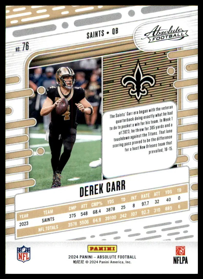 Derek Carr football card from Panini Absolute 2024 featuring New Orleans Saints player