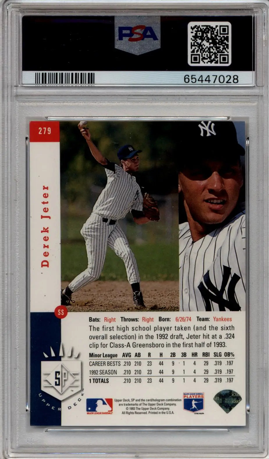 Graded Derek Jeter baseball card 1993 SP Foil PSA 7 Near Mint collectible