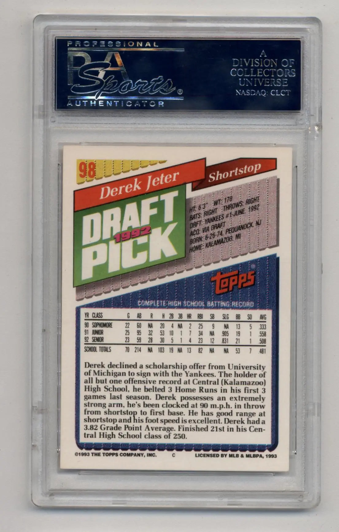 Derek Jeter 1993 Topps #98 Gem Mint PSA 10 graded baseball card image