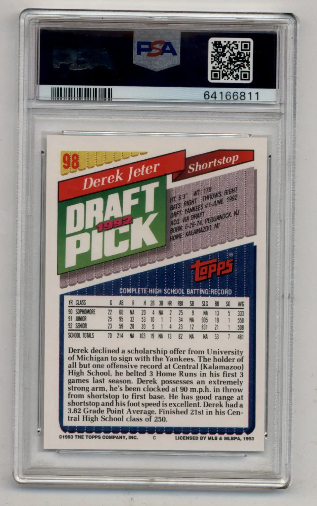 Derek Jeter baseball card in protective case, gem mint 1993 Topps #98 PSA 10