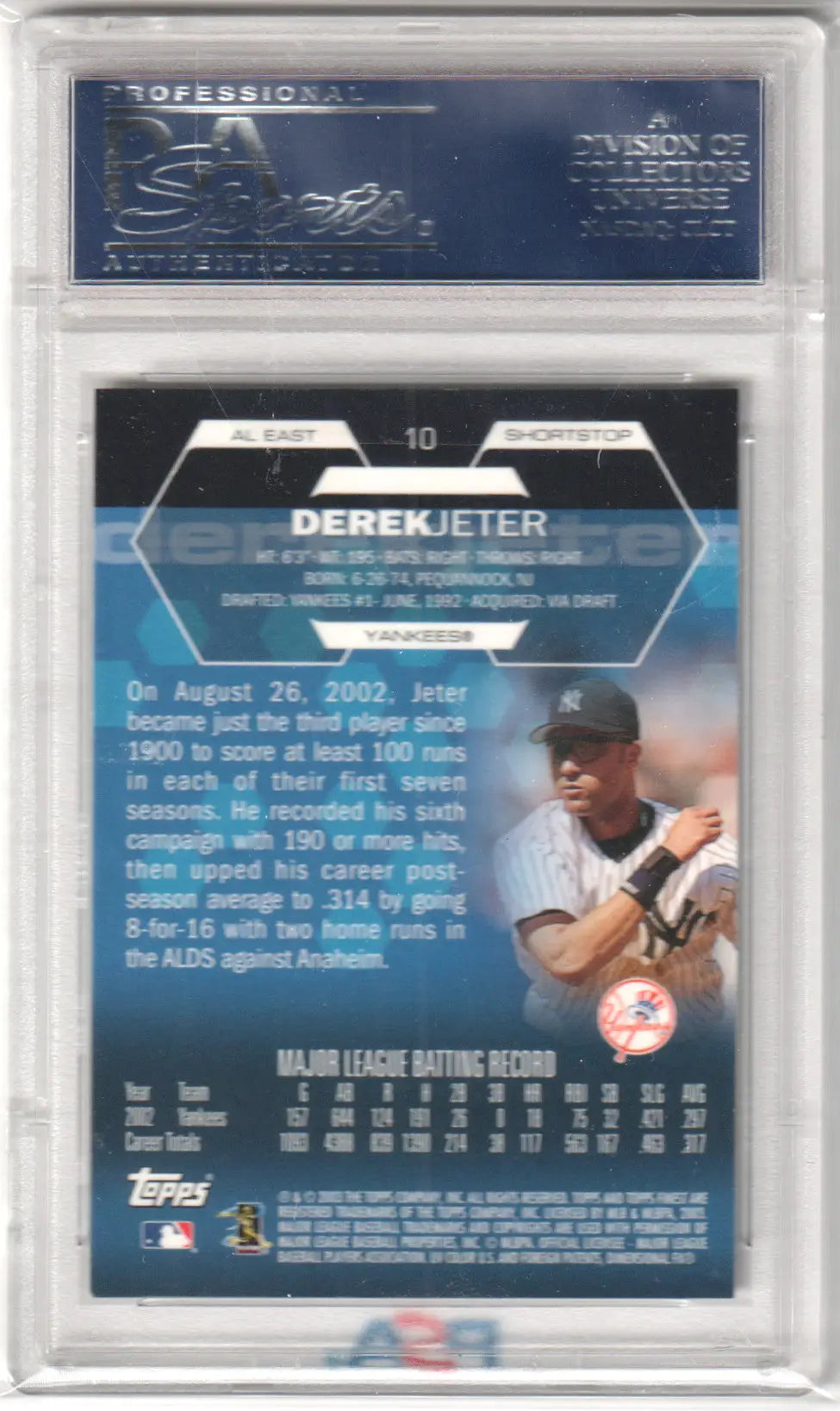 Graded Derek Jeter 2003 Finest baseball card with PSA 10 Gem Mint condition from Columbia Hobby