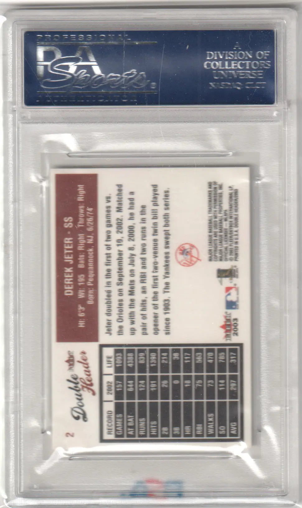 Encased Derek Jeter 2003 Fleer Double Header baseball card YANKEES, graded PSA 10