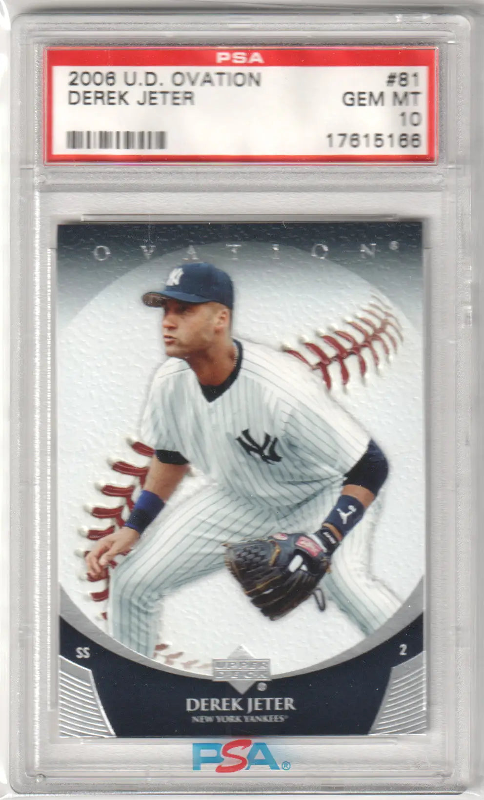 Graded Derek Jeter baseball card from Upper Deck Ovation series displayed at Columbia Hobby