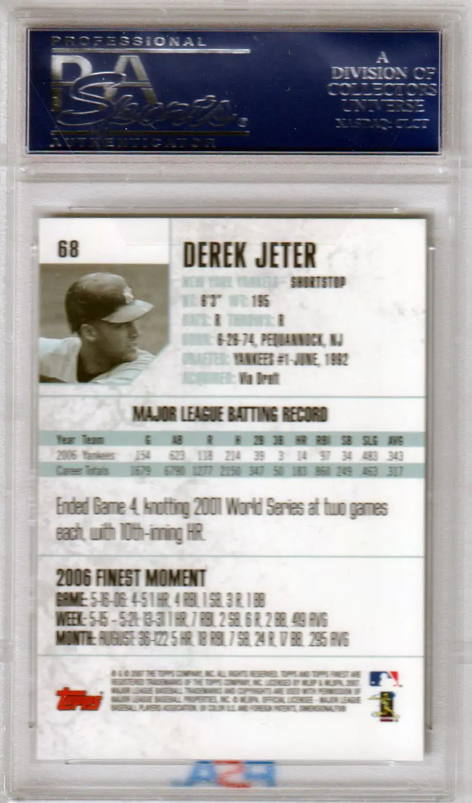 Derek Jeter 2007 Finest #68 PSA 10 GEM MINT baseball card from Columbia Hobby