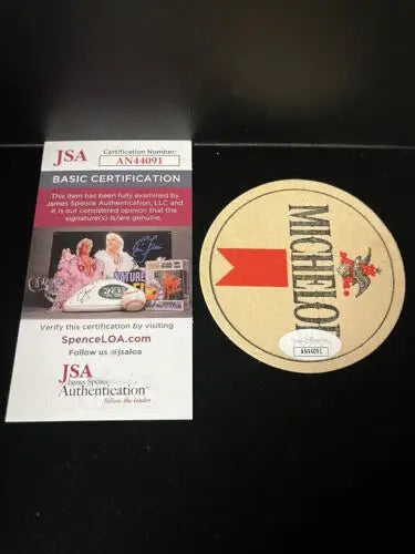 Autographed Michelob beer coaster with certification by Derek Sanderson for Bruins fans