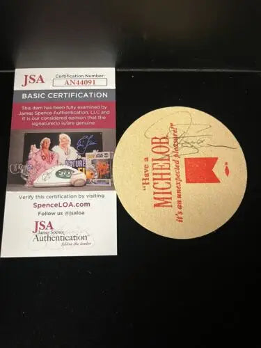 Signed Michelob beer coaster by Derek Sanderson with JSA authentication for collectors