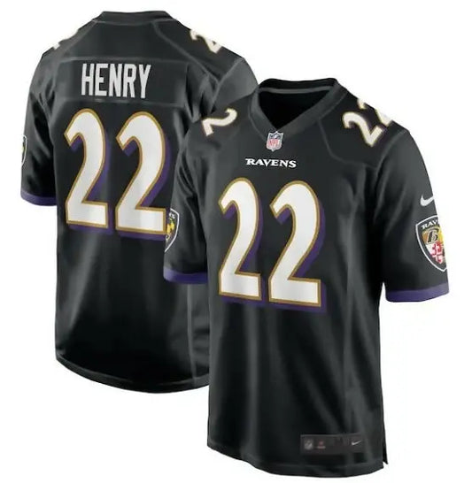 Black Baltimore Ravens Derrick Henry #22 Nike Alternate Game Jersey with purple and gold accents