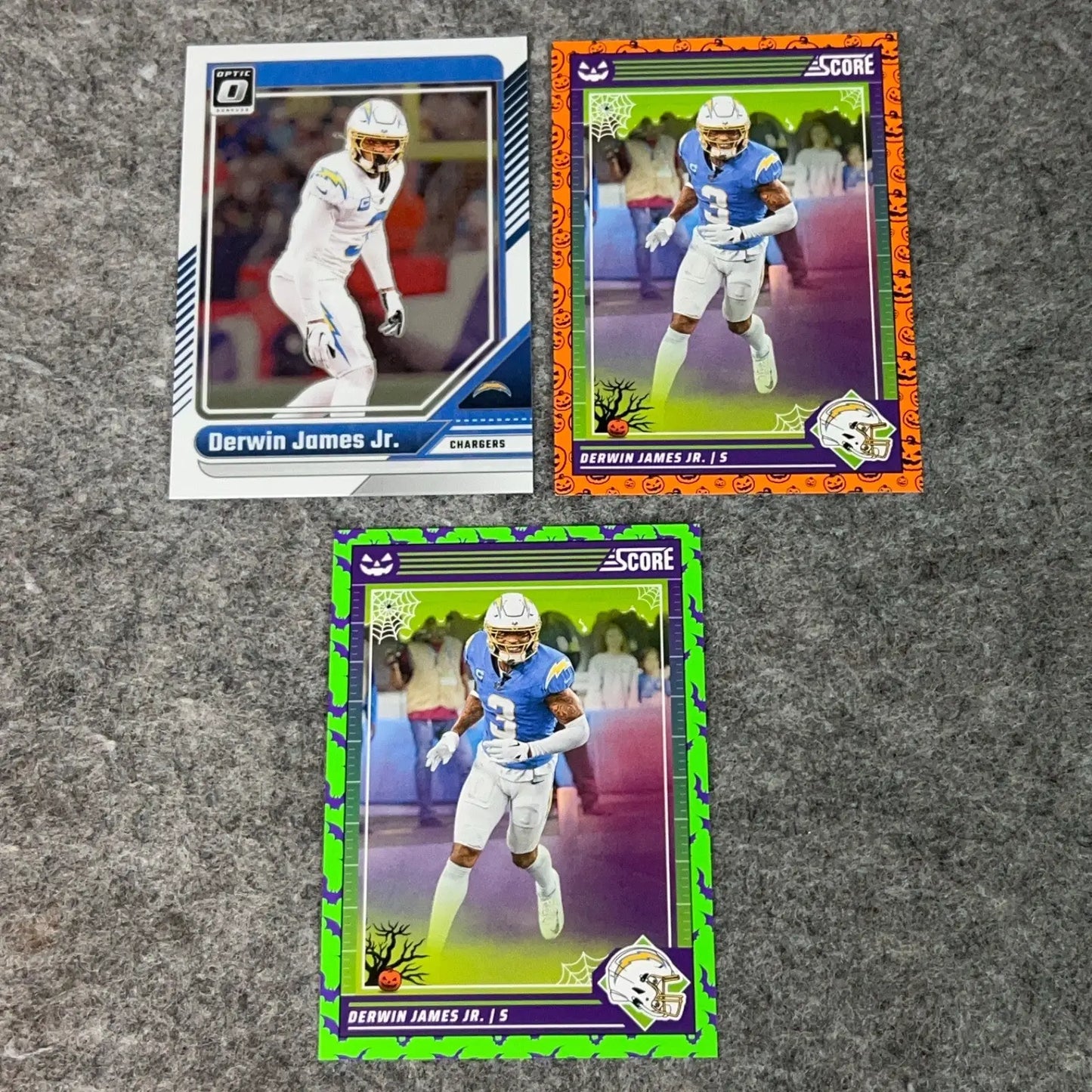 Three collectible Derwin James Jr Los Angeles Chargers 2024 NFL football trading cards