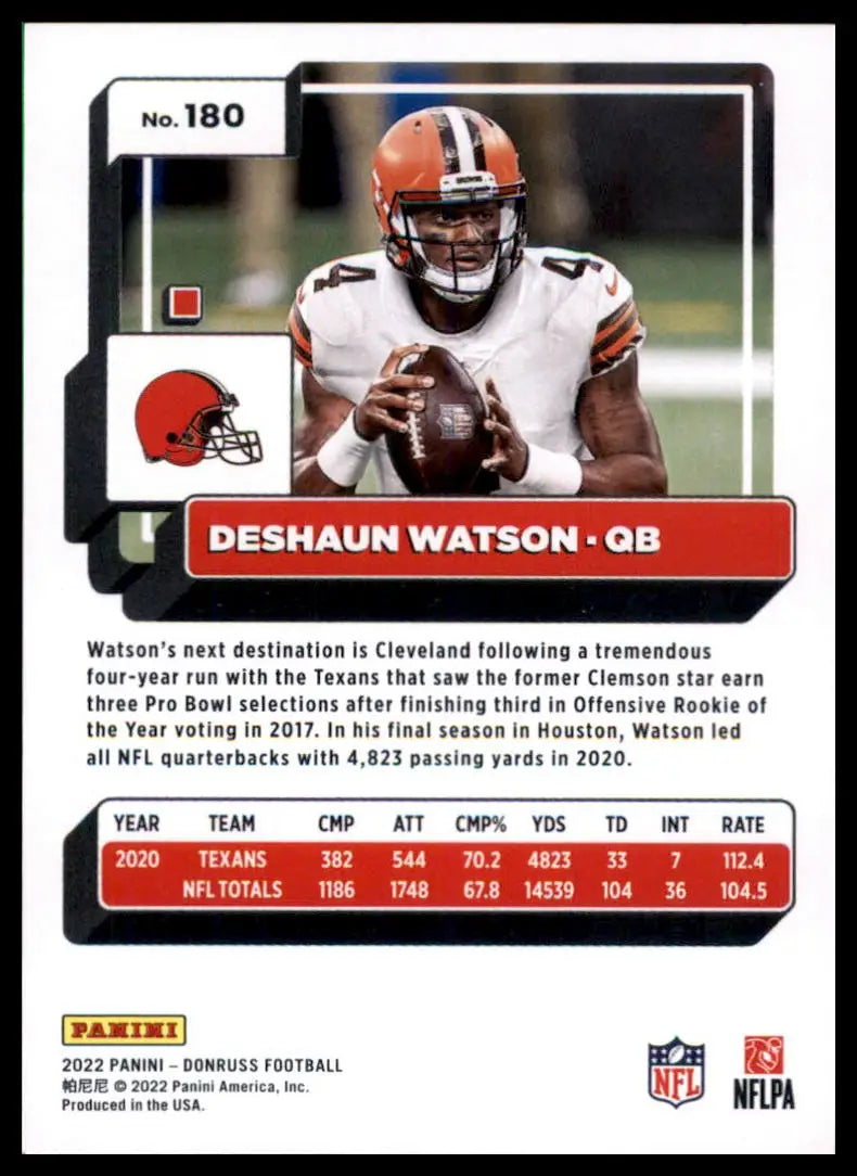 Deshaun Watson football card from 2022 Donruss Cleveland Browns series