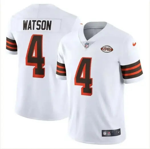 White NFL football jersey with brown and orange accents, Deshaun Watson Cleveland Browns Nike 2021 Alternate Jersey