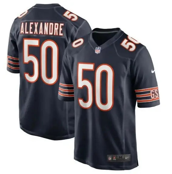 Dark blue Deslin Alexandre Chicago Bears Nike football jersey with number 50 and orange trim